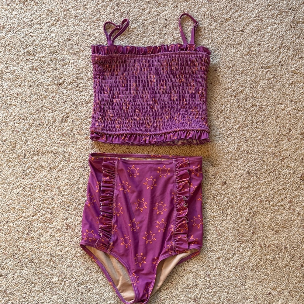 Kortni Jeane Purple Ruffle Two-Piece Swim Set with Orange Accents